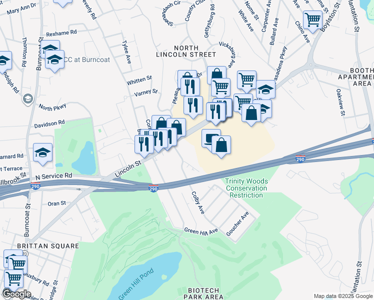 map of restaurants, bars, coffee shops, grocery stores, and more near 13 Trinity Avenue in Worcester