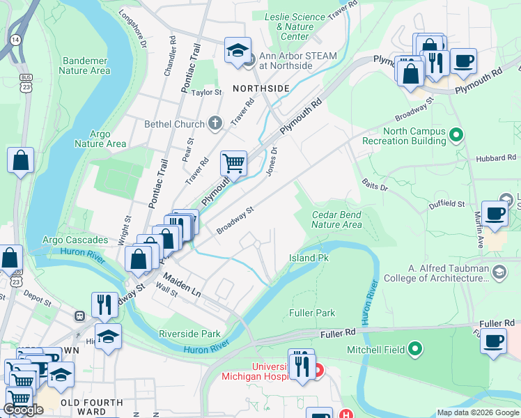 map of restaurants, bars, coffee shops, grocery stores, and more near 1504 Broadway Street in Ann Arbor