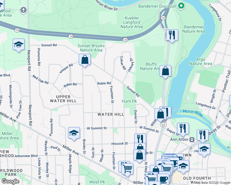 map of restaurants, bars, coffee shops, grocery stores, and more near 1108 Fountain Street in Ann Arbor