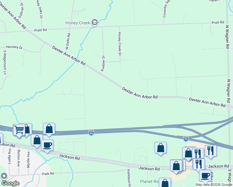 map of restaurants, bars, coffee shops, grocery stores, and more near 4237 Dexter Ann Arbor Road in Ann Arbor