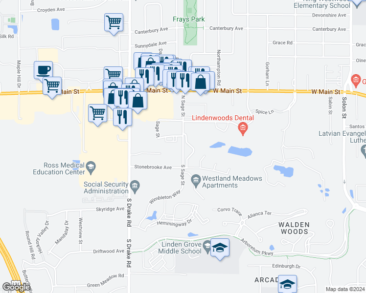 map of restaurants, bars, coffee shops, grocery stores, and more near 114 South Sage Street in Kalamazoo