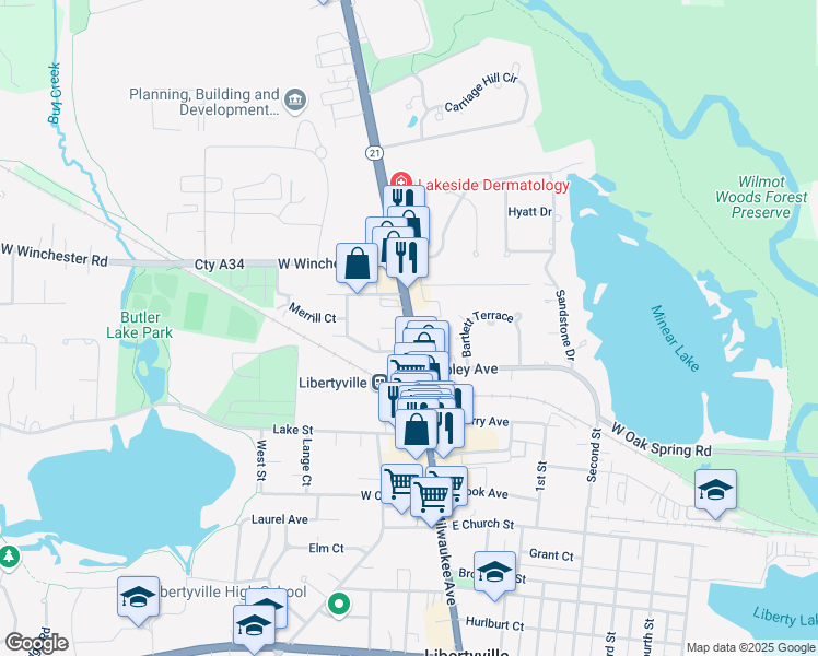 map of restaurants, bars, coffee shops, grocery stores, and more near 907 North Milwaukee Avenue in Libertyville