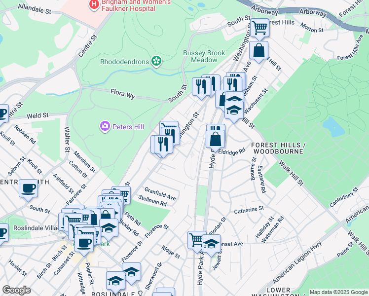 map of restaurants, bars, coffee shops, grocery stores, and more near 125 Brookway Road in Boston