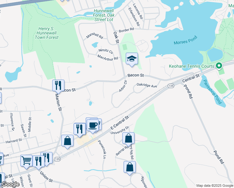 map of restaurants, bars, coffee shops, grocery stores, and more near 6 Arbor Circle in Natick