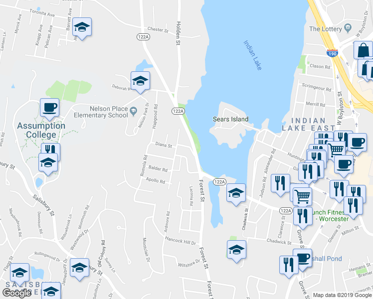 map of restaurants, bars, coffee shops, grocery stores, and more near 9 Barnstable Road in Worcester