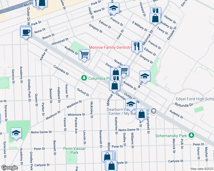 map of restaurants, bars, coffee shops, grocery stores, and more near 22100 Cleveland Street in Dearborn