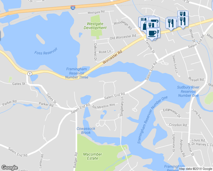 map of restaurants, bars, coffee shops, grocery stores, and more near 9 Gryzboska Circle in Framingham
