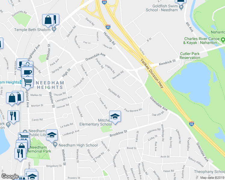 map of restaurants, bars, coffee shops, grocery stores, and more near 90 Richdale Road in Needham