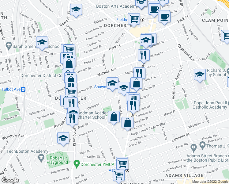 map of restaurants, bars, coffee shops, grocery stores, and more near 46 Clementine Park in Boston