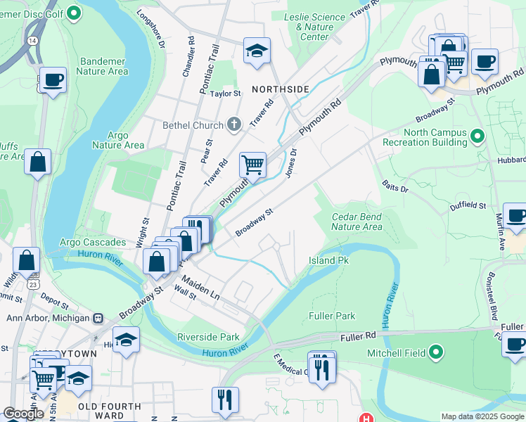 map of restaurants, bars, coffee shops, grocery stores, and more near 1427 Broadway Street in Ann Arbor
