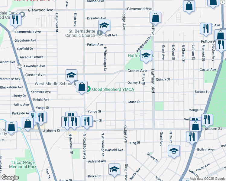 map of restaurants, bars, coffee shops, grocery stores, and more near 1902 Carney Avenue in Rockford
