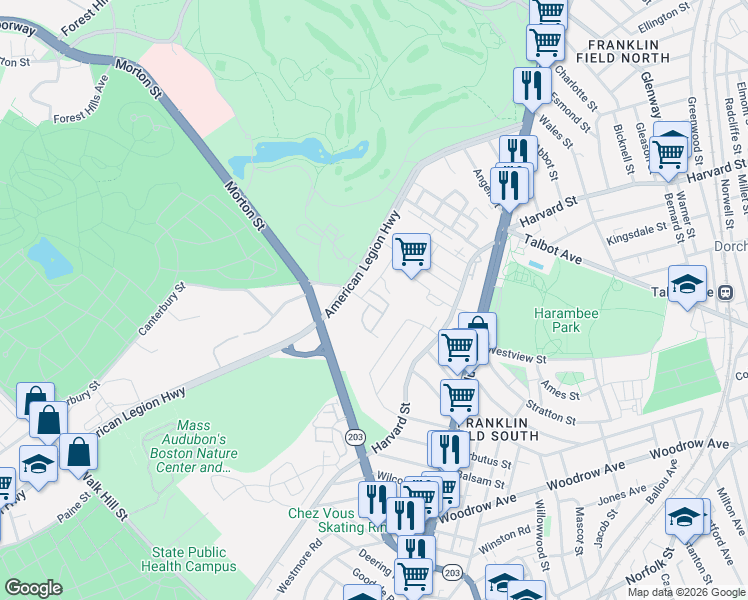 map of restaurants, bars, coffee shops, grocery stores, and more near 3 Kingbird Road in Boston