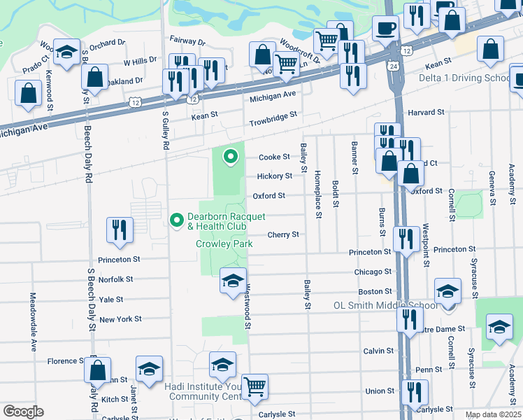 map of restaurants, bars, coffee shops, grocery stores, and more near 24916 Dunning Street in Dearborn