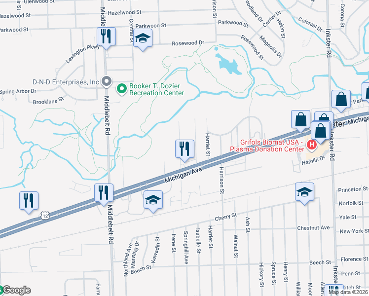 map of restaurants, bars, coffee shops, grocery stores, and more near 2326 Spring Hill Avenue in Inkster