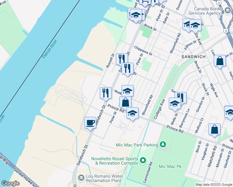 map of restaurants, bars, coffee shops, grocery stores, and more near 343 Watkins Street in Windsor