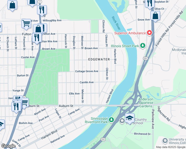 map of restaurants, bars, coffee shops, grocery stores, and more near 1926 Cumberland Street in Rockford
