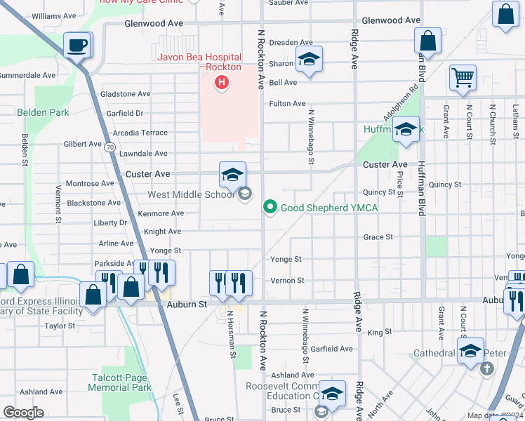map of restaurants, bars, coffee shops, grocery stores, and more near 1900 North Rockton Avenue in Rockford