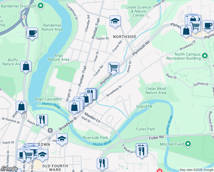 map of restaurants, bars, coffee shops, grocery stores, and more near 1327 Jones Drive in Ann Arbor