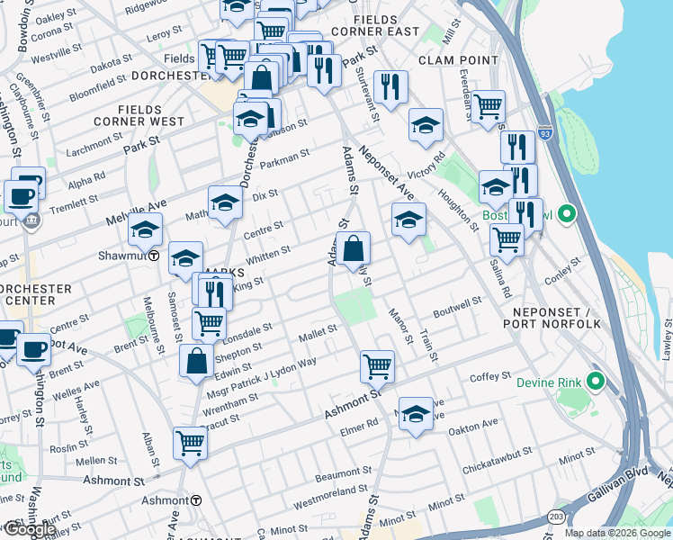 map of restaurants, bars, coffee shops, grocery stores, and more near 2 Ainsley Street in Boston