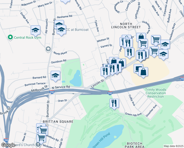 map of restaurants, bars, coffee shops, grocery stores, and more near 440 Lincoln Street in Worcester