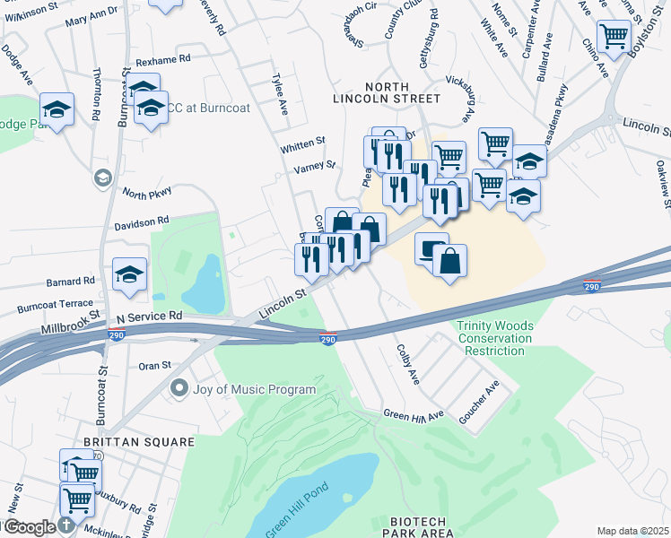map of restaurants, bars, coffee shops, grocery stores, and more near 450 Lincoln Street in Worcester