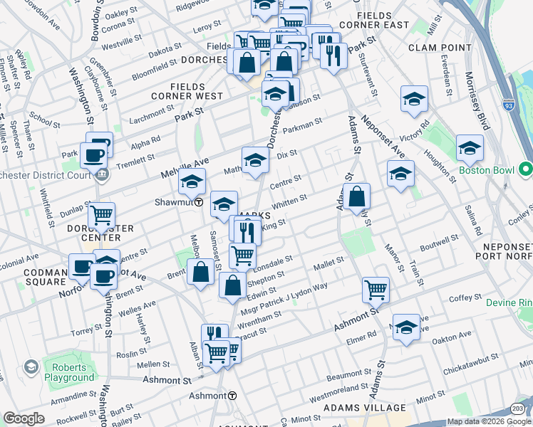 map of restaurants, bars, coffee shops, grocery stores, and more near 7 Whitten Street in Boston