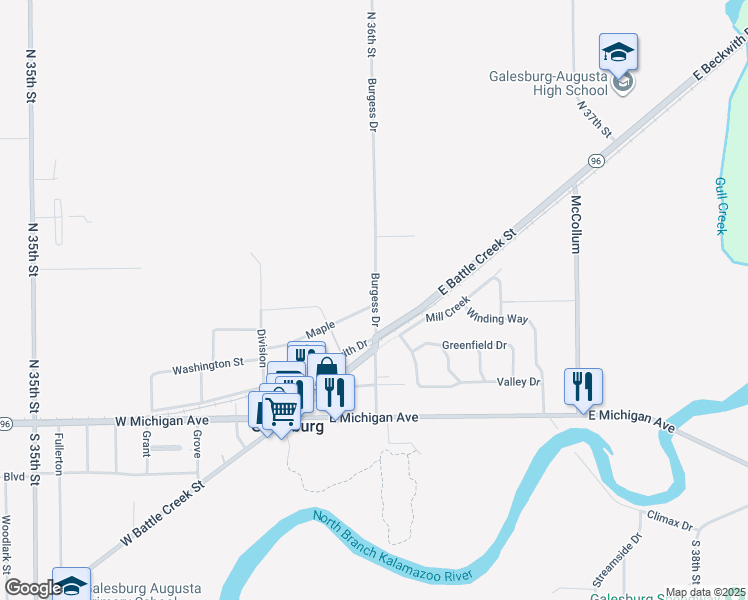 map of restaurants, bars, coffee shops, grocery stores, and more near 132 Maple in Galesburg