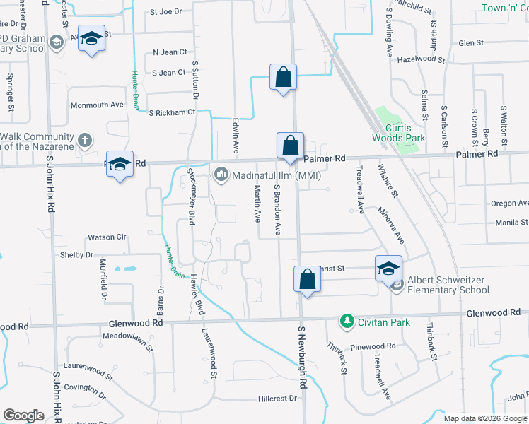 map of restaurants, bars, coffee shops, grocery stores, and more near 2046 South Brandon Street in Westland