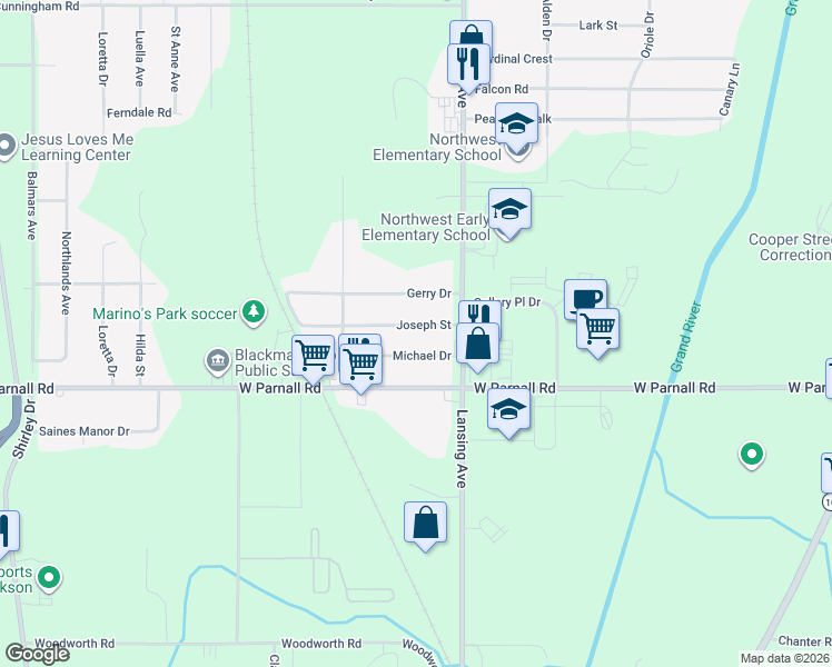 map of restaurants, bars, coffee shops, grocery stores, and more near 1317 Joseph St in Jackson