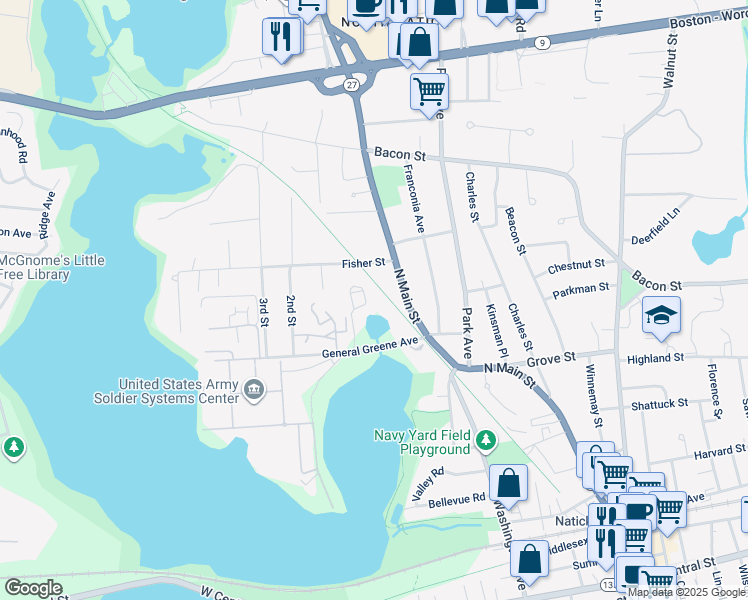 map of restaurants, bars, coffee shops, grocery stores, and more near 5 Heritage Lane in Natick