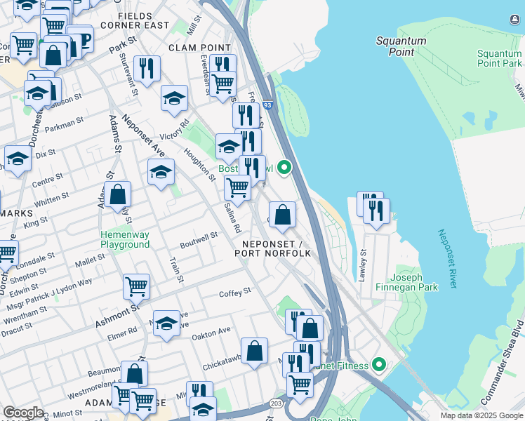 map of restaurants, bars, coffee shops, grocery stores, and more near 928 Morrissey Boulevard in Boston