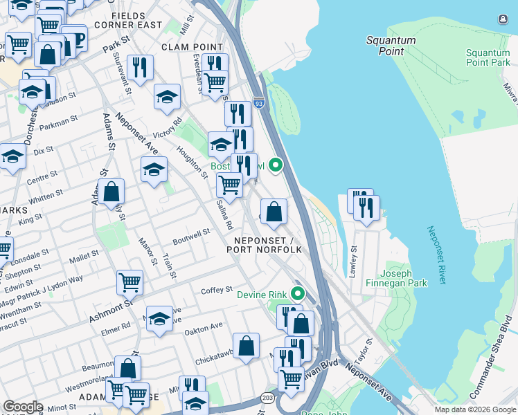 map of restaurants, bars, coffee shops, grocery stores, and more near 900 Morrissey Boulevard in Boston