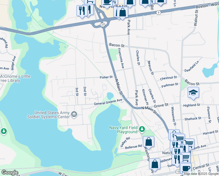 map of restaurants, bars, coffee shops, grocery stores, and more near 6 Heritage Lane in Natick