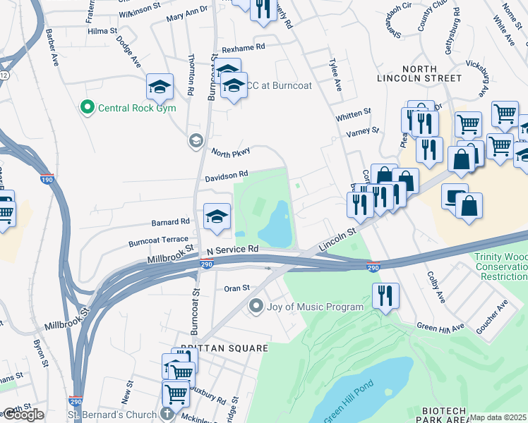 map of restaurants, bars, coffee shops, grocery stores, and more near 70 North Parkway in Worcester