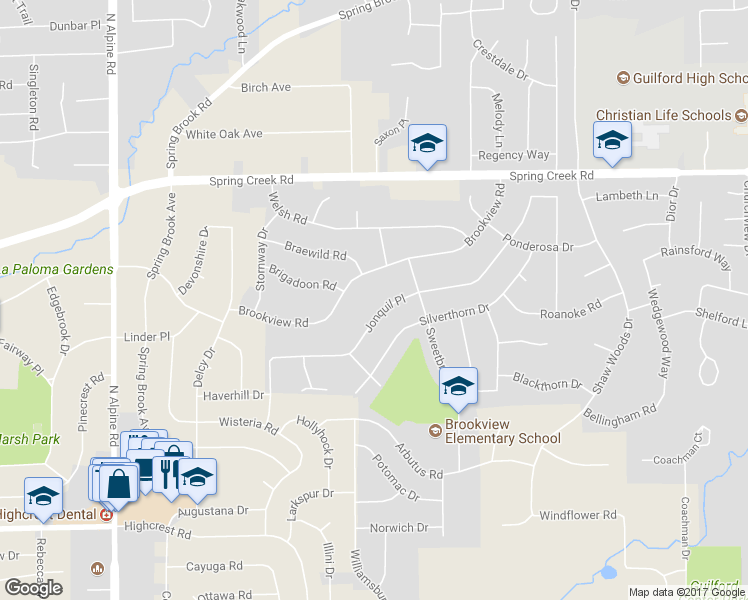 map of restaurants, bars, coffee shops, grocery stores, and more near 2232 Jonquil Place in Rockford