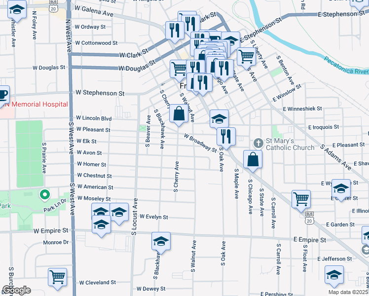 map of restaurants, bars, coffee shops, grocery stores, and more near 317 West Elk Street in Freeport