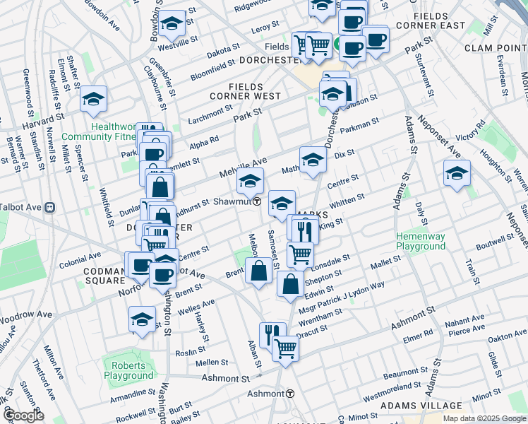 map of restaurants, bars, coffee shops, grocery stores, and more near 15 Clementine Park in Boston