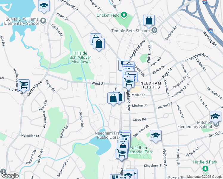 map of restaurants, bars, coffee shops, grocery stores, and more near 381 Hillside Avenue in Needham