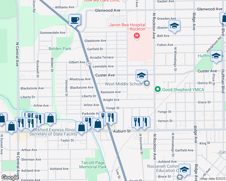 map of restaurants, bars, coffee shops, grocery stores, and more near 2911 Kenmore Avenue in Rockford