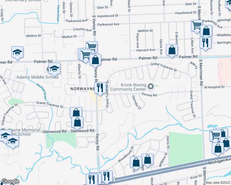 map of restaurants, bars, coffee shops, grocery stores, and more near 32604 Montmorency in Westland