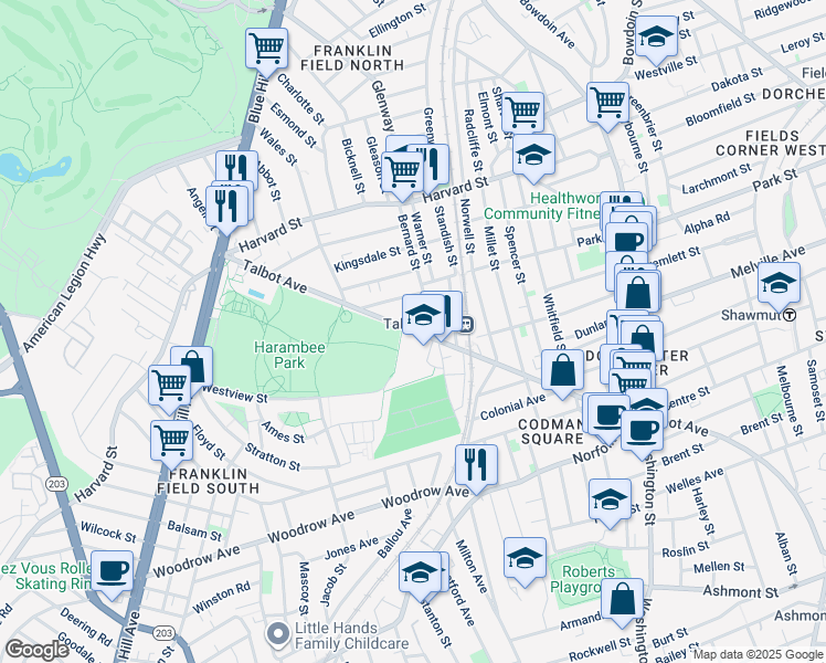 map of restaurants, bars, coffee shops, grocery stores, and more near 155 Talbot Avenue in Boston