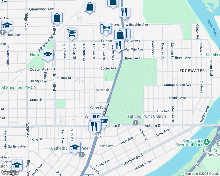 map of restaurants, bars, coffee shops, grocery stores, and more near 1904 North Main Street in Rockford