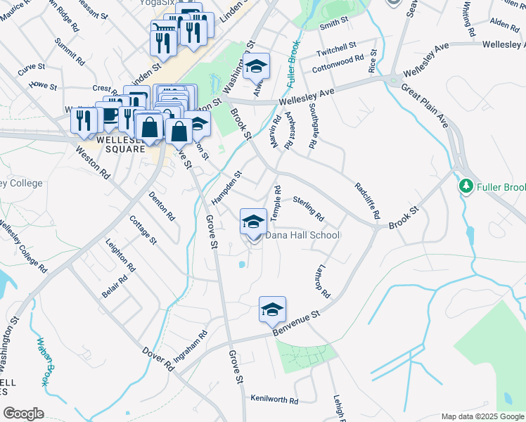 map of restaurants, bars, coffee shops, grocery stores, and more near 99 Farm Road in Wellesley