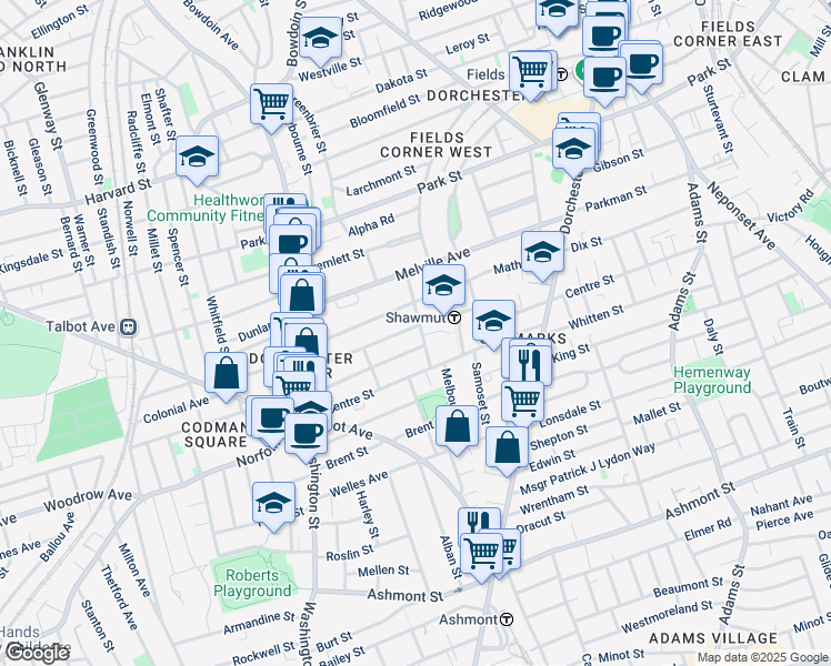 map of restaurants, bars, coffee shops, grocery stores, and more near 1 Moultrie Street in Boston