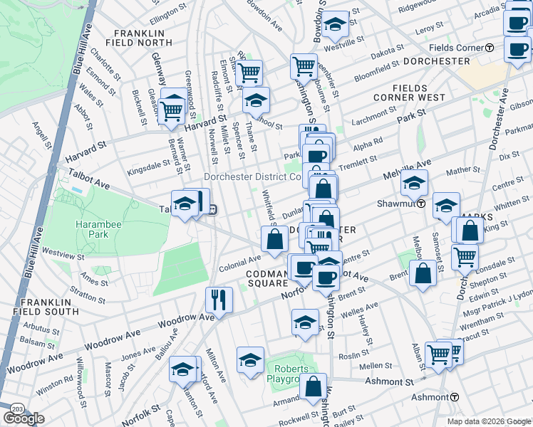 map of restaurants, bars, coffee shops, grocery stores, and more near 87 Whitfield Street in Boston