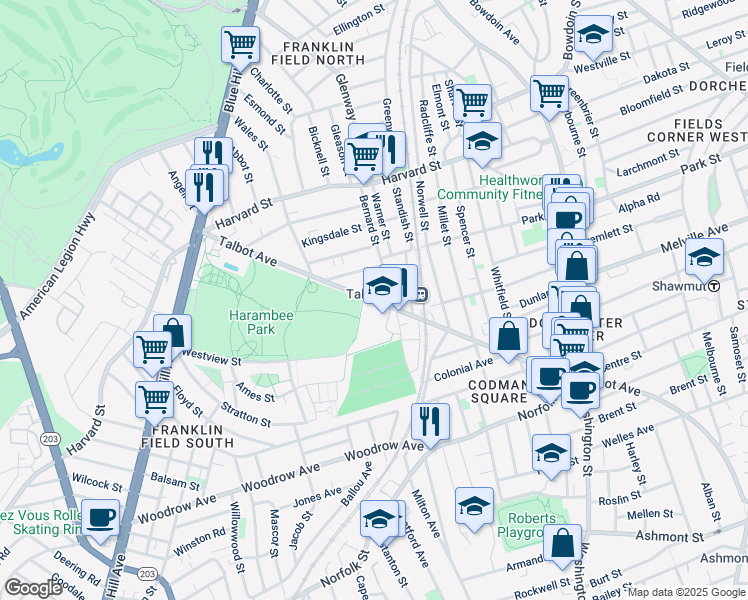 map of restaurants, bars, coffee shops, grocery stores, and more near 155 Talbot Avenue in Boston