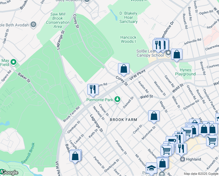 map of restaurants, bars, coffee shops, grocery stores, and more near 747 VFW Parkway in Boston