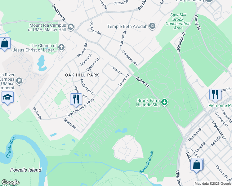 map of restaurants, bars, coffee shops, grocery stores, and more near 225 Spiers Road in Newton