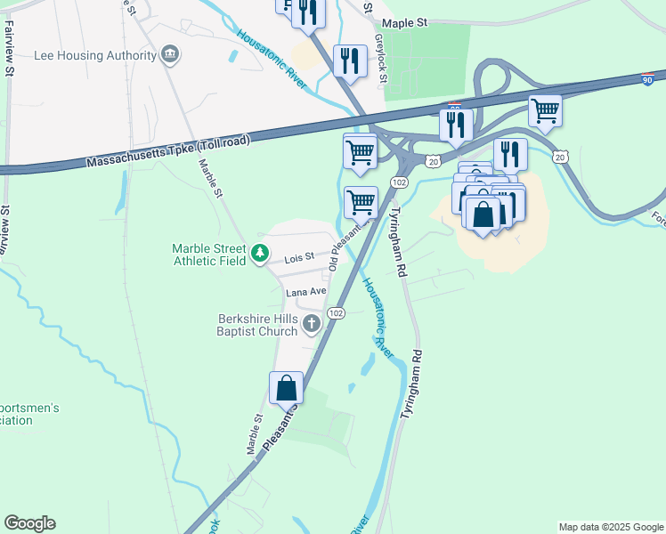 map of restaurants, bars, coffee shops, grocery stores, and more near 115 Old Pleasant Street in Lee