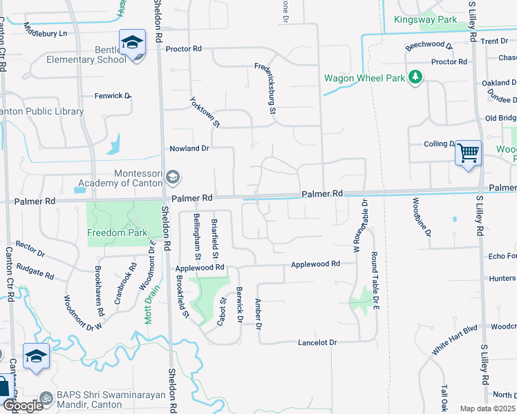 map of restaurants, bars, coffee shops, grocery stores, and more near 43449 Arbor Way West in Canton